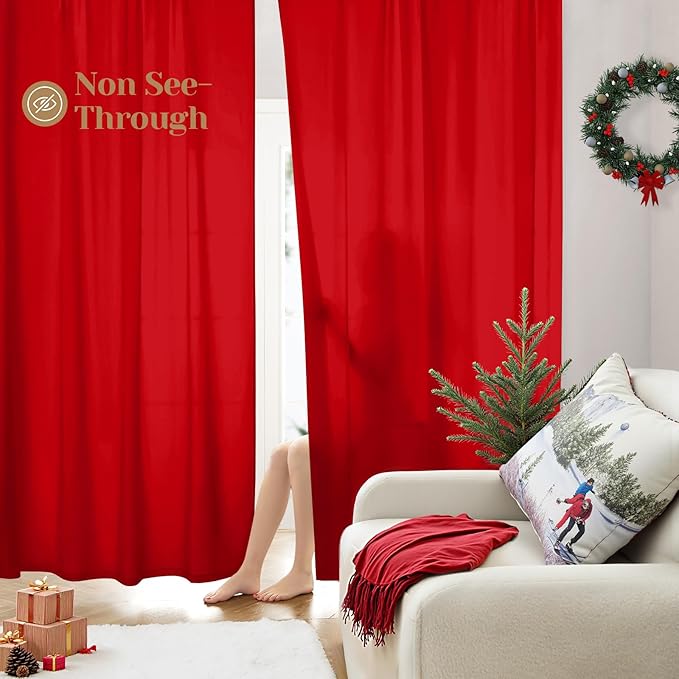 HOMEIDEAS Christmas Non-See-Through Red Privacy Sheer Curtains, 52 X 96 Inches Long 2 Panels Sheer Curtains Light Filtering Window Drapes for Bedroom Living Room