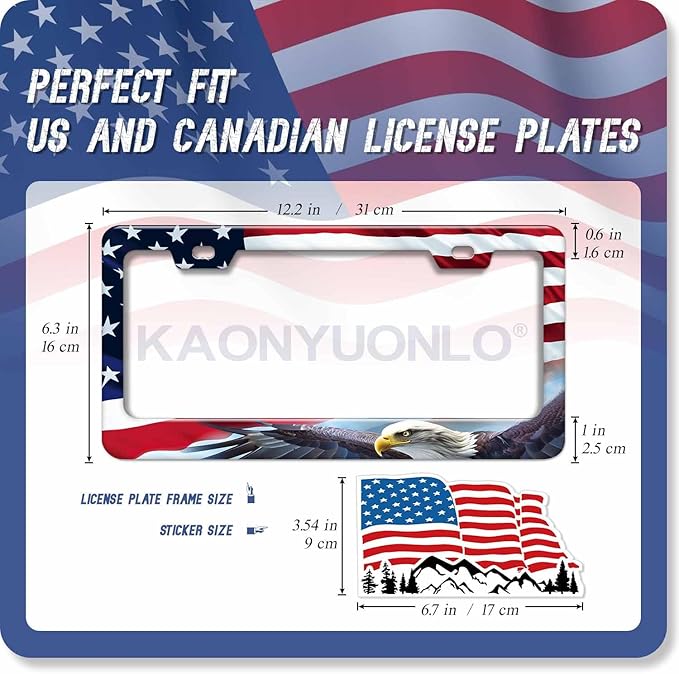 1PCS Bald Eagle American Flag License Plate Frame Holder - USA Stars and Stripes Auto Universal Aluminum Matte Car Tag Holder Covers with Sticker & Screws for Men