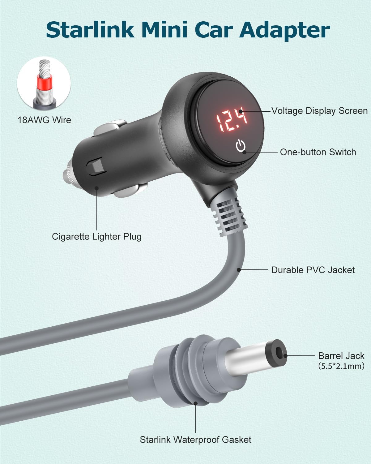 Starlink Mini Cable 10FT Car Adapter for Starlink Mini 12V Adapter with Switch/Digital Display 12V-24V DC Power Cable Cigarette Lighter Car Charger Waterproof Accessories for RV Trucks Boat 18AWG 3M