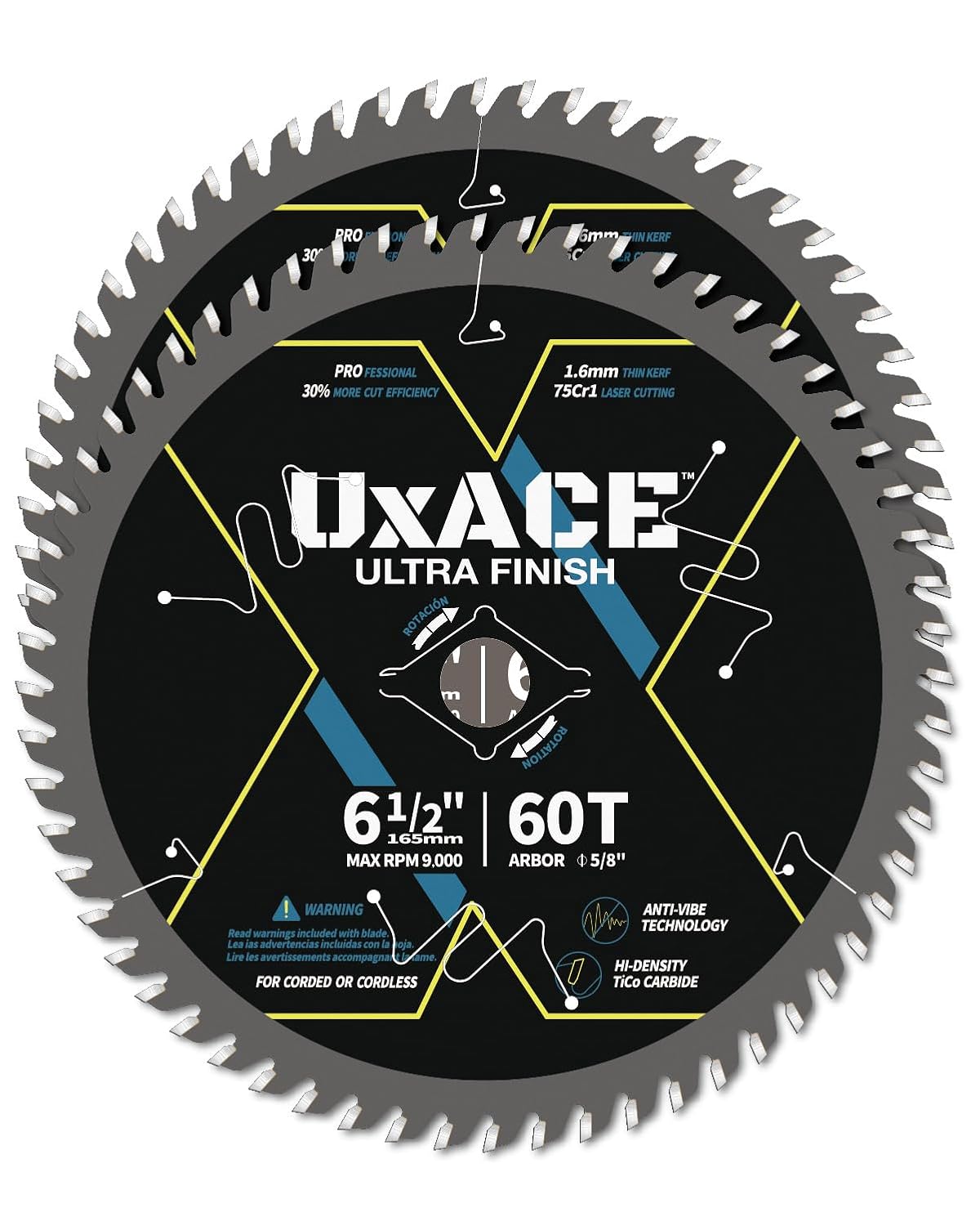 6-1/2-Inch 60-Tooth Circular Saw Blade with 5/8-Inch Arbor, Ultra Finish Wood Cutting, Carbide Tip, Thin Kerf, for Plywood, MDF, OSB, Laminated, 2 Pack