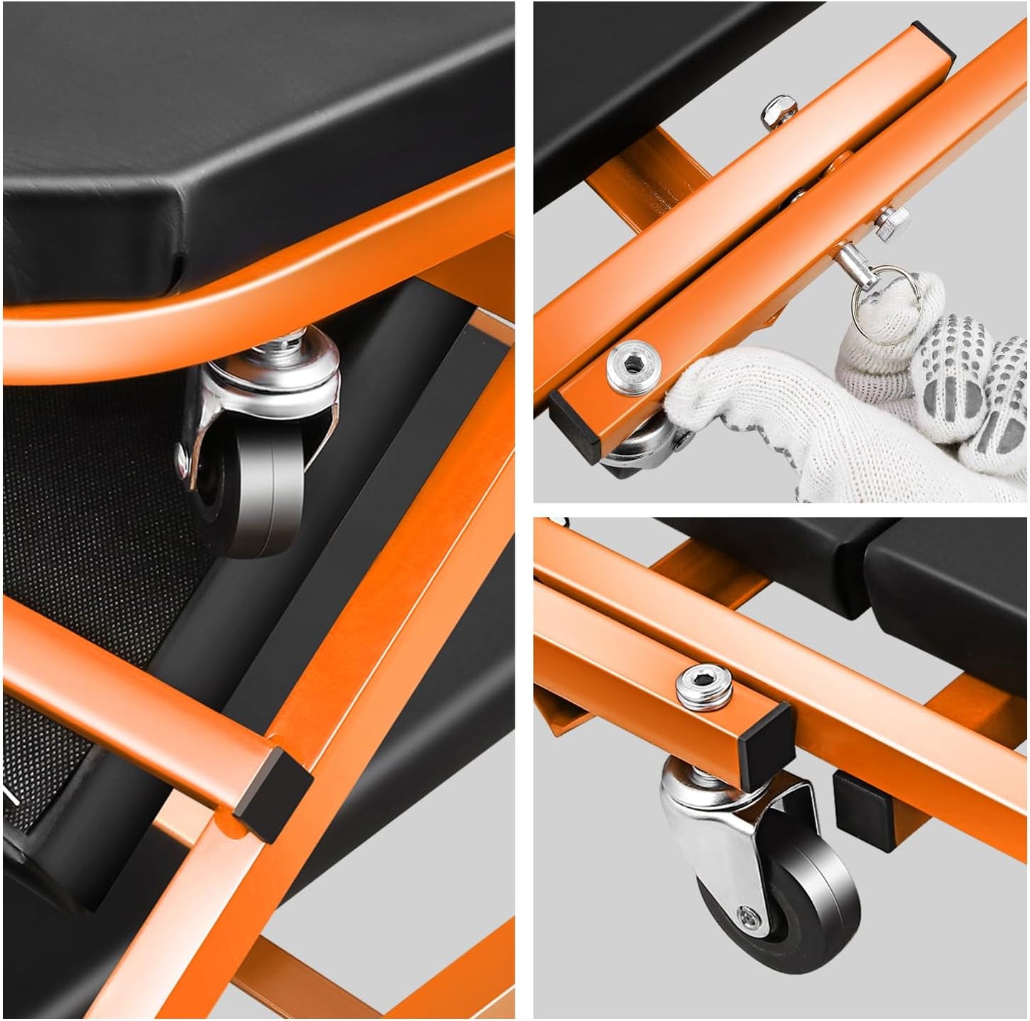 DNA MOTORING 40 Inches Folding 2 in 1 Rolling Z Creeper, Adjustable Roller Garage Chair Lay Down or Sit, 6 Pcs 2" Casters, 150kg Weight Capacity, Orange, TOOLS-00187-OG