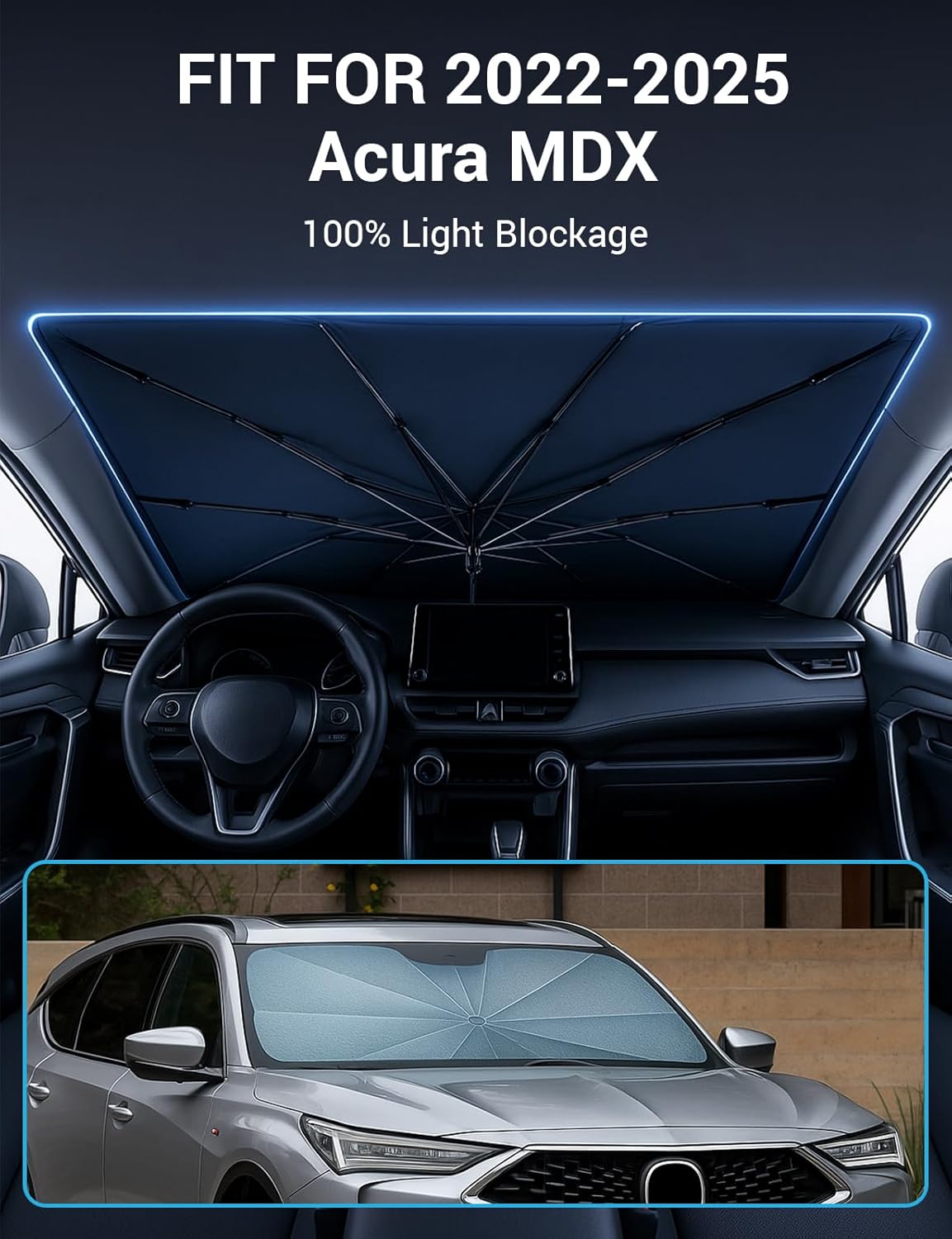 Proadsy Windshield Sun Shade Umbrella for Acura MDX 2022-2025 2026 Foldable Car Umbrella Sunshade with Soft TPU Handle Spring Structure Crystal Cooling Material Protect Car from Rays & Heat