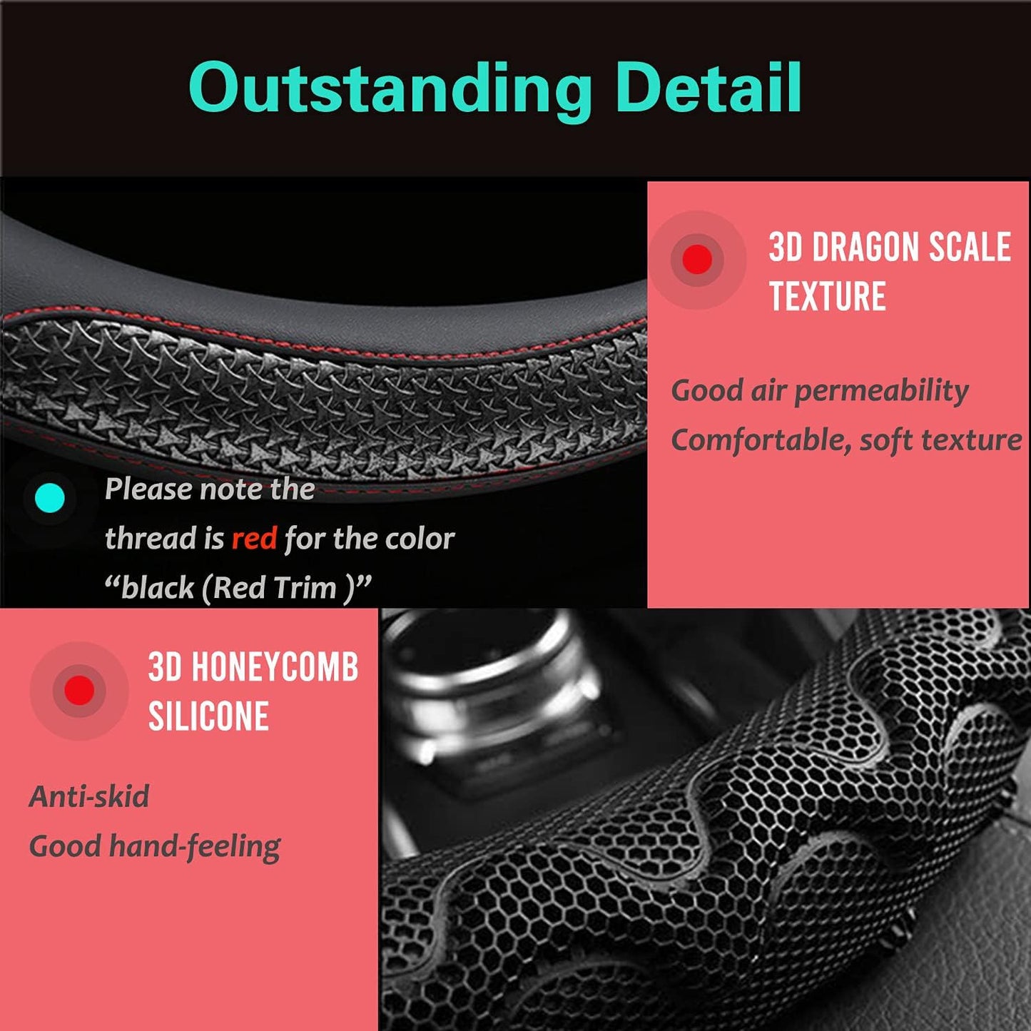 PINCTROT Steering Wheel Cover Great Grip with 3D Honeycomb Anti-Slip Design, Universal 14.5-15 Inch (Black/Red Stitch)