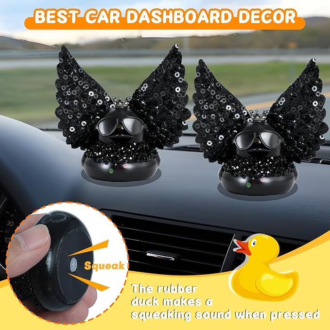 Black Rubber Duck with Crown, Wings & Sunglasses, Squeaky Car Dashboard Ornament, DIY Decor for Party Favors, Office Desk, Home