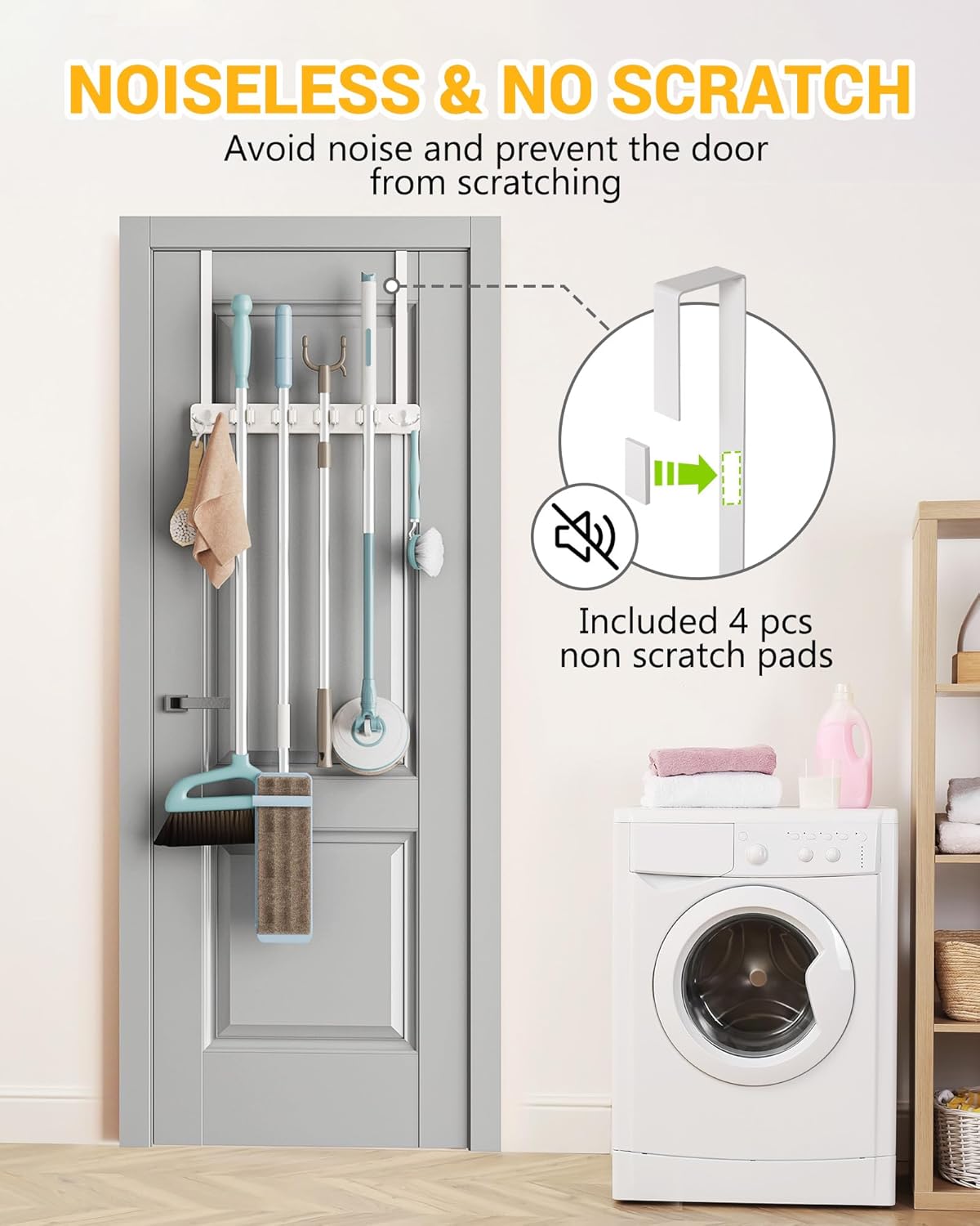 Lorbro Broom Holder Door Mount, Over the Door Broom and Mop Holder with 2 Over Door Hooks, Wood Broom Hanger, Tool Rack Organizer for Laundry, Garage, Closet, Kitchen Decor, 4 Slots & 4 Hooks Rustic