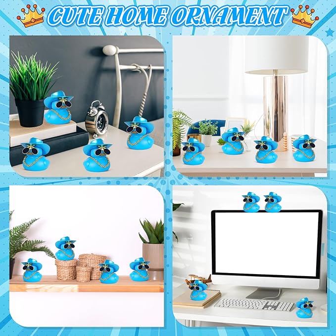 Laser Blue Cowboy Rubber Duck with Hat, Sunglasses & Necklace - DIY Car Dashboard Decor, Squeaky Sound, Premium Rubber, Adult Gift