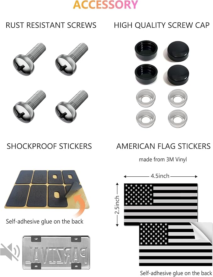 American Flag License Plate Frames - 2 Pack Black Stainless Steel Patriotic USA Car Tag Frame with UV-Printed Flag & 3D Metal Decals