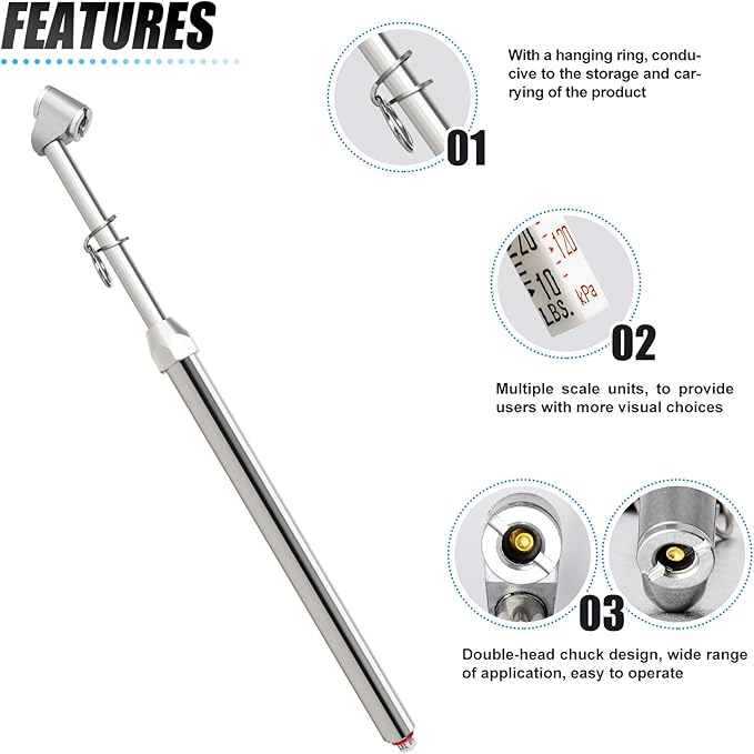 MEANLIN MEASURE 5Pcs Silver Double Straight Type Tire Pressure Gauge，Dual Head Air Pressure Gauge，Pressure Range 10-160 Psi(Suitable for Trucks, etc.