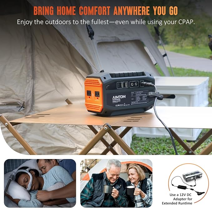 AIMTOM Portable Power Station 173Wh Lithium Battery, 200W AC Outlet (250W Surge), 18W USB-C, 2x USB-A, 2x 12V DC Outputs, LED Flashlight – Ideal for Camping, Travel, Emergency Backup, RV, Home Use