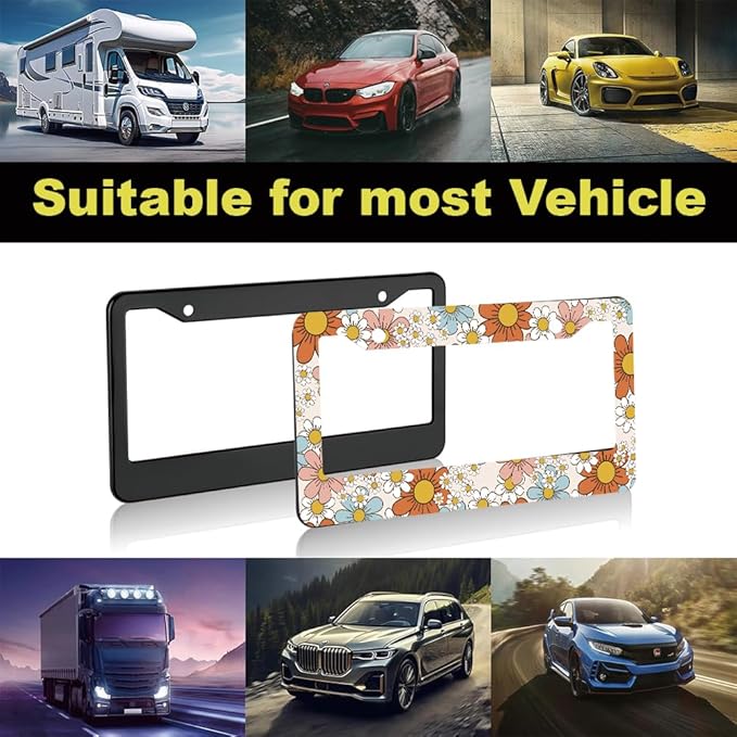 2pcs Colorful Dasiy Floral License Plate Frame for Women,Orange Floral car Decorative tag Frames Girly,Vintage Dasiy Flowers Plant Theme License Plate Cover Holder for Vehicle with car tag Keychain