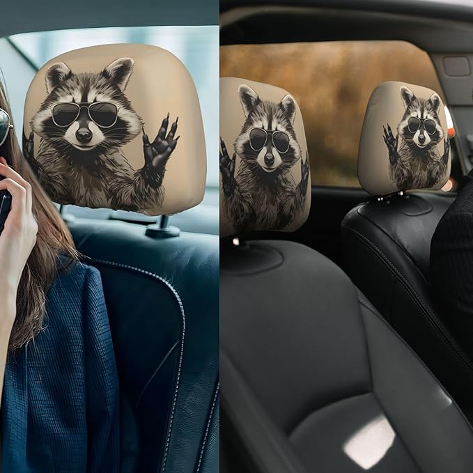 Dujiea 2 Pack Funny Raccoon Car Headrest Covers, Universal Soft Car Seat Head Rest Cover Protector, Vehicle Accessories Fabric Headrest Cover for Cars Vans Trucks