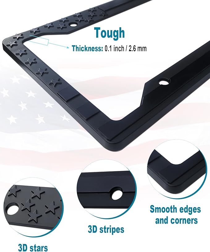 American Flag License Plate Frames- Black Plastic Patriotic Car Tag Holder with Mounting Hardware & Screws Caps，2 Pack 4 Holes for Front Rear