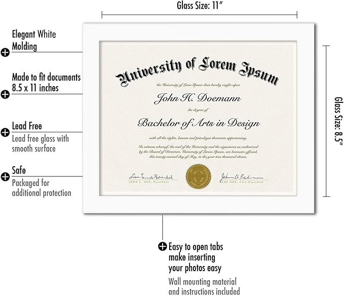 Americanflat 8.5x11 Diploma Frame in White with Shatter Resistant Glass - Horizontal and Vertical Formats for Wall and Tabletop