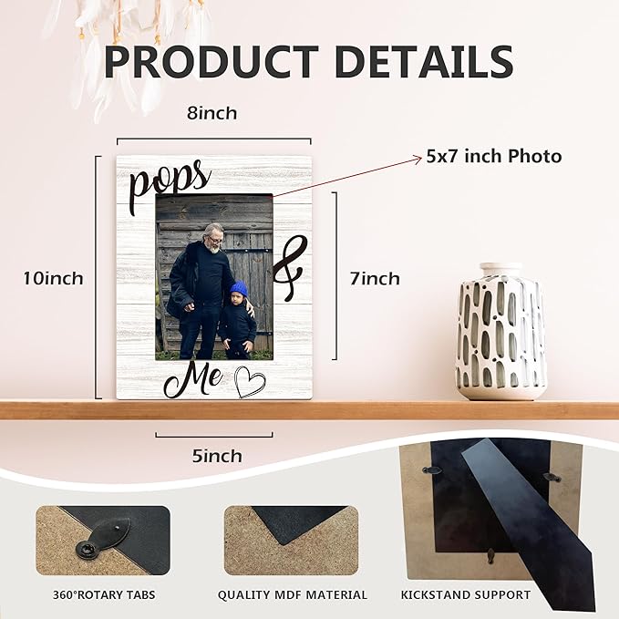Fathers Day Pops Picture Frames - Grandpa Photo Frame, PopsGrandpa Gifts for Father's Day Birthday from Grandkids Grandchildren, Pops and Me Picture Grandpa Photo Frames for Home Bedroom Decor, 5x7