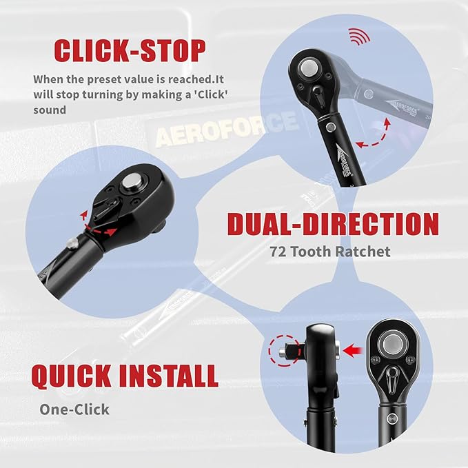 AEROFORCE 1/4-Inch Drive Click Torque Wrench (4-20 lb.ft / 5.4-27.2 Nm),72 Tooth Dual Direction Reversible Ratchet with Dual Range Scales, Precision Calibrated for Bikes & DIY