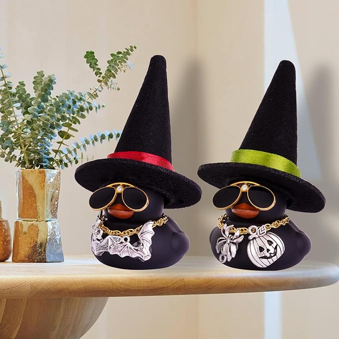 Halloween Car Rubber Duck, Duck Car Dashboard Decorations with Mini Witch Hat Sunglasses Necklace Halloween Accessories for Halloween Themed Gifts(W24)