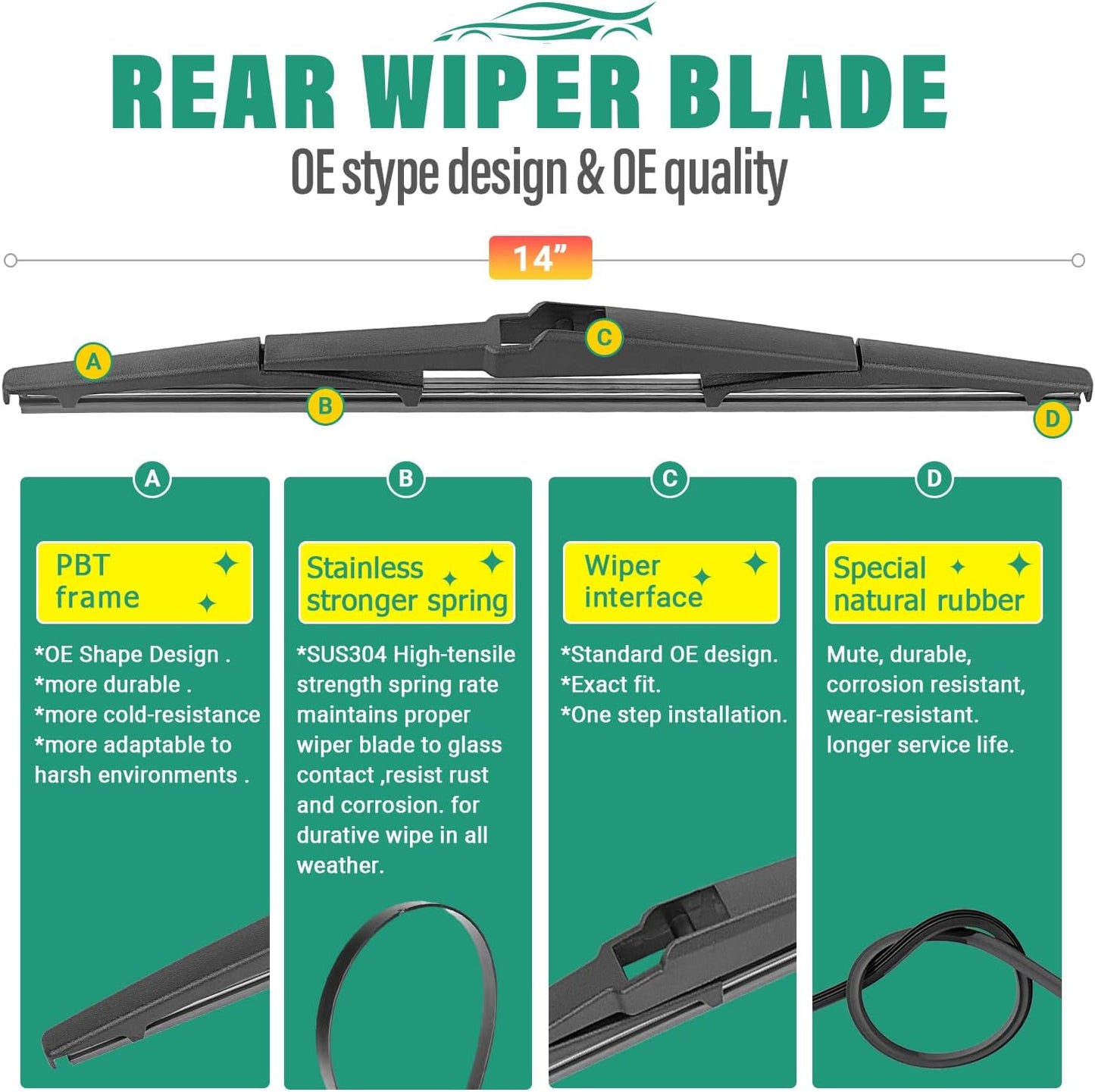26" 16" 14" Windshield Wiper Blades Replacement for Toyota CHR C-HR 2018 2019 2020 2021 2022 Premium All Weather Front Rear Wipers Set - OEM Quality (Pack of 3)