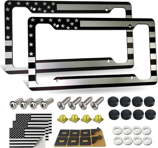 American Flag License Plate Frame- Black Front Rear Patriotic USA ‌Car Tag Frames, 2 Pack Heavy Duty Brushed Aluminum Plastic Composite Holder with Screws Caps