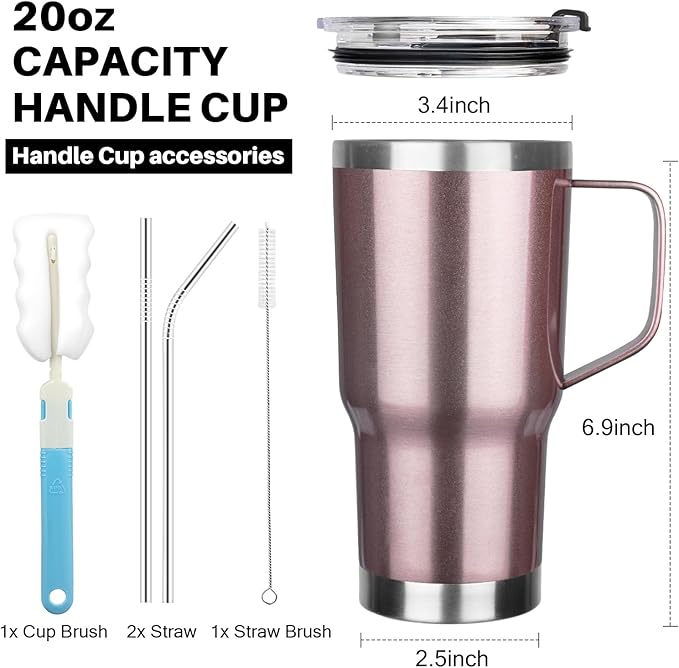 20 oz Tumbler with Handle, Stainless Steel Insulated Tumbler with Lid and Straw, Double Wall Vacuum Insulated Coffee Mug Tumbler, Insulated Coffee Thermal Cup for Cold and Hot (Rose gold)