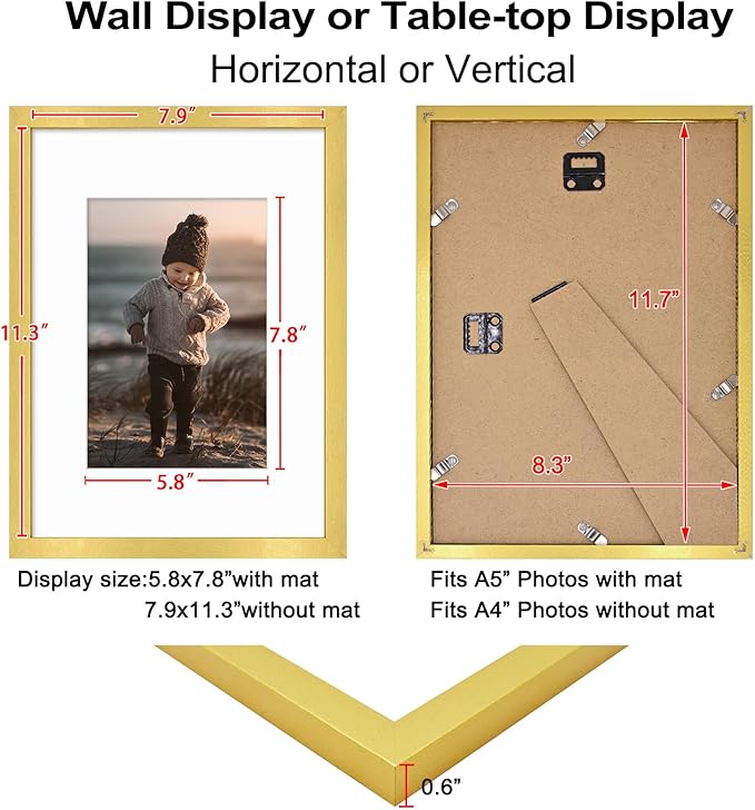 KINLINK A4 Frame Set of 4, Wooden 8.3 x 11.7 Frame with Plexiglass for A5 Picture with Mat or A4 Without Mat, for Wall and Tabletop Display Diploma Certificate Degree, a4 Picture Frames Gold