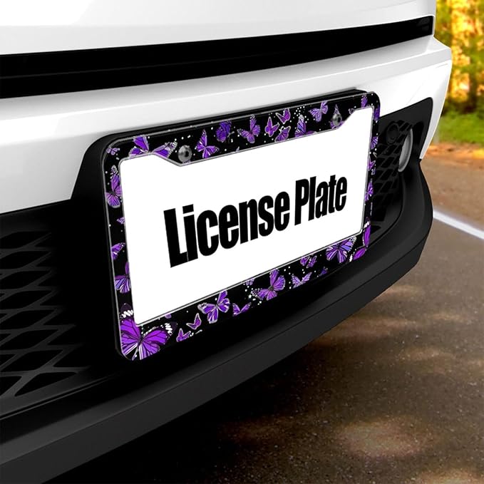 Purple Butterfly License Plate Frame - 1 Pack Beautiful Fluttering Butterfly License Plate Holder Aluminum Metal Car Tag Cover with 2 Holes Customized Decorative for Women US Vehicle Standard