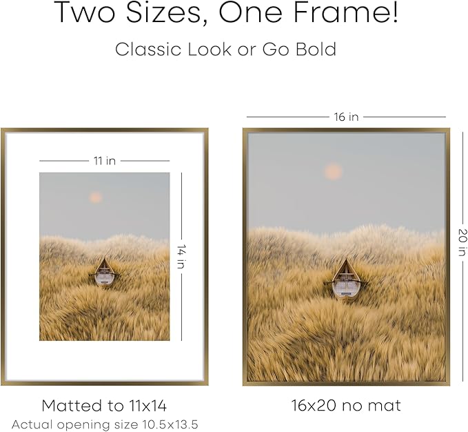 Homeforia Picture 16x20 Bronze Frame, High End Metal 16x20 Brass Poster Frames with Mat 11x14 for Photo, 16 x 20 Frame Matted to 11 by 14 Print, 20x16 Hanging Frames, Tempered Glass, Wall Kit, Set of 3