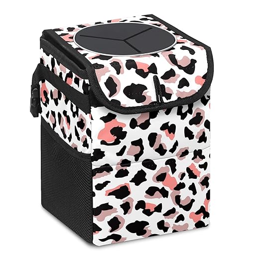 Car Trash Can Leopard Print White Pink Wate-rproof Auto Garbage Bag Car Trash Can with Lid Leak-Proof Car Storage Bag Hanging for Headrest Collapsible and Portable with Storage Mesh Pocket