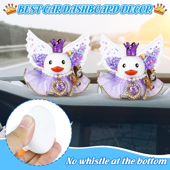 White Queen Rubber Duck Car Ornament with Purple Crown, Crystal Necklace, Magic Wand & Star Wings - Funny Dashboard Decor Includes Adhesive Stickers