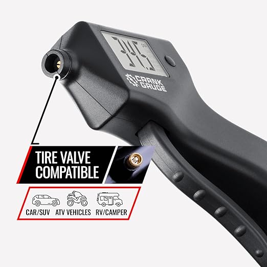 Battery-Free Tire Pressure Gauge (5-99 psi) and Tread Depth Meter (0-15mm) for Car, SUV and Motorcycle – Crank-Powered, Digital Display, Accurate and Eco-Friendly