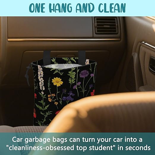 Car Garbage Bag Colorful Flowers and Green Fern Hanging Canvas Car Trash Bag Waterproof Drawstring Car Back Seat Organizer for Car Back Front Seat Console with Adjustable Buckle