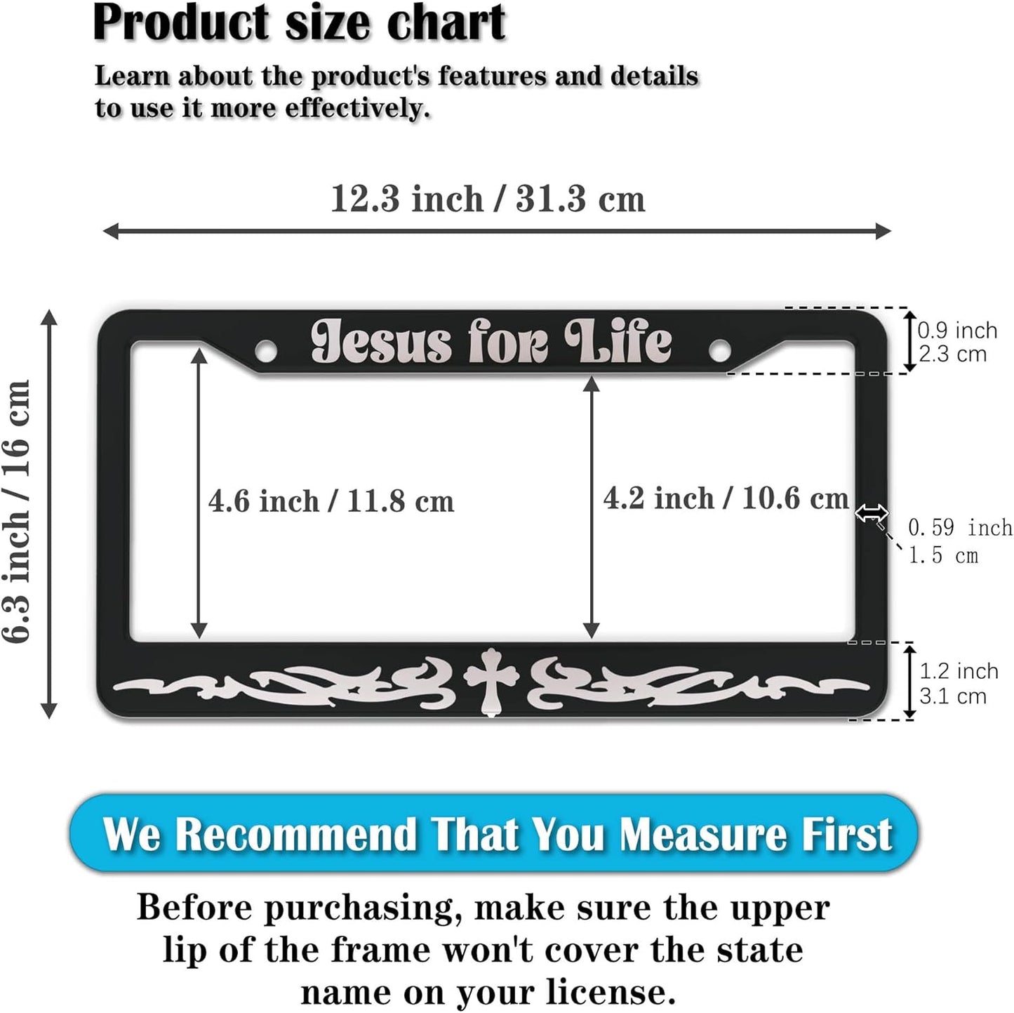 License Plate Frames Black and White Custom License Plate Frame Jesus for Life Aluminum Metal Car Accessory 2 Pack with Screw Covers Set