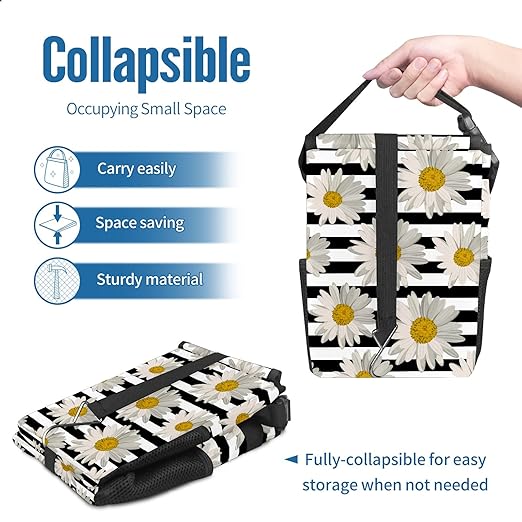 White Black Striped Daisy Car Trash Can With Lid - Collapsible Reusable Waterproof Garage Bag, Automotive Garbage Can, Accessories Interior Organizer