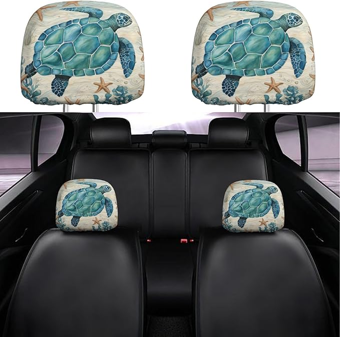 Dujiea 2 Pack Vintage Sea Turtle Starfish Car Headrest Covers, Universal Soft Car Seat Head Rest Cover Protector, Vehicle Accessories Fabric Headrest Cover for Cars Vans Trucks