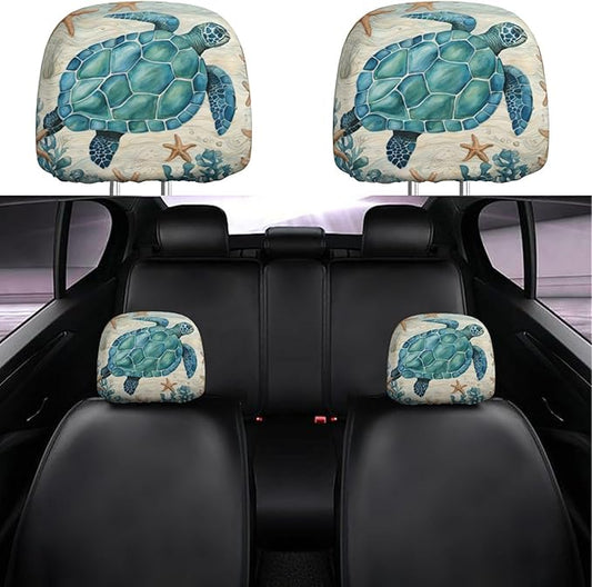 Dujiea 2 Pack Vintage Sea Turtle Starfish Car Headrest Covers, Universal Soft Car Seat Head Rest Cover Protector, Vehicle Accessories Fabric Headrest Cover for Cars Vans Trucks