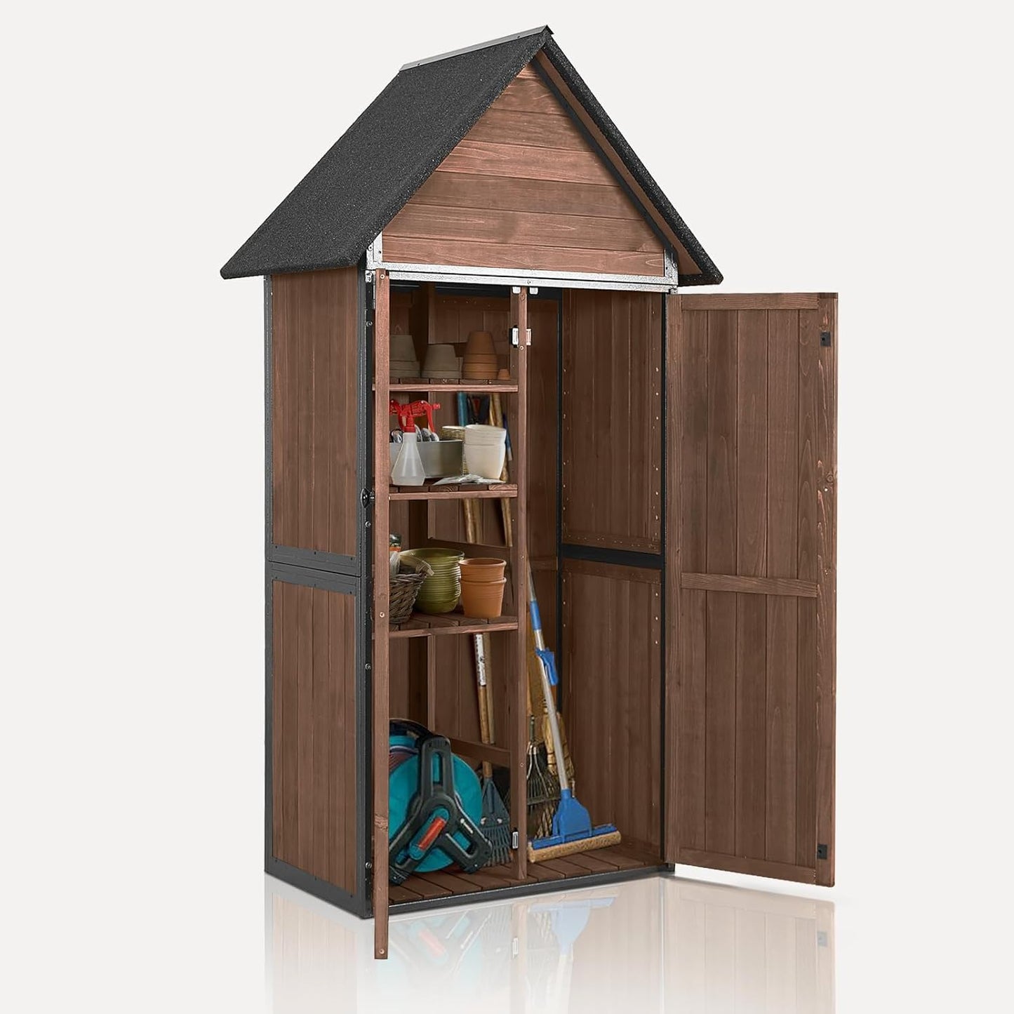 Outdoor Storage Shed with Floor and Waterproof Roof - Metal Framed Tool Cabinet with Adjustable Shelves - Double Lockable Doors for Backyard, Garden, Patio (Deep Brown)