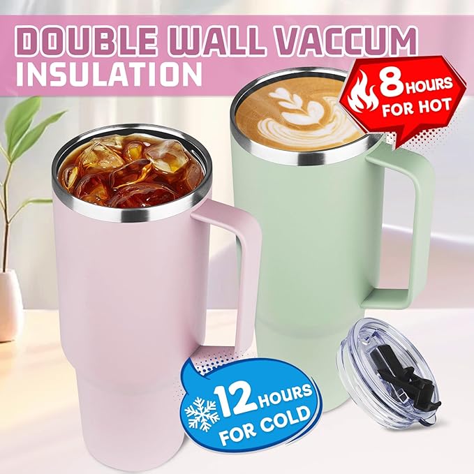 40 oz Tumbler with Handle and Flip Straw, 100% Leakproof Insulated Tumbler with Lid and Straw, Stainless Steel Travel Coffee Mug, Insulated Coffee Thermal Cup for Cold and Hot (Light Purple)