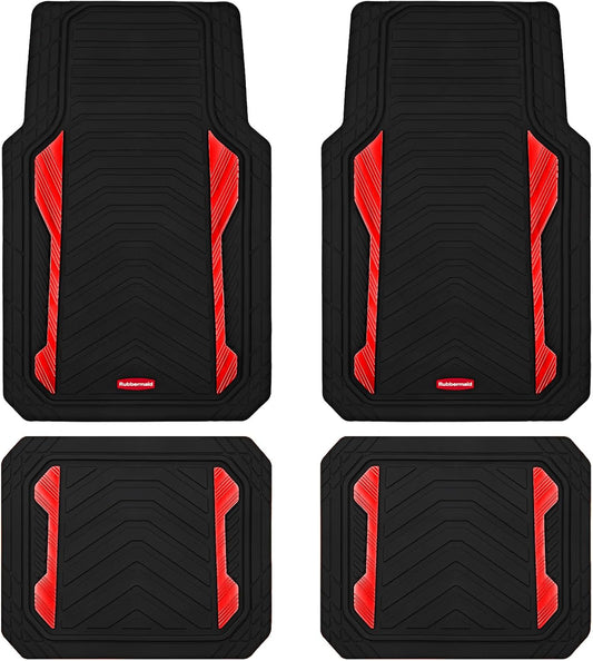Rubbermaid Car Floor Mat, Heavy Duty All-Weather Car Mats Full Set with Dual-Tone Red Aluminum Inserts – Universal Fit, Anti-Slip Backing, Trim-to-Fit for Most SUV, Sedan, Van