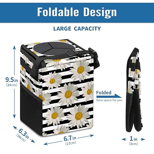 White Black Striped Daisy Car Trash Can With Lid - Collapsible Reusable Waterproof Garage Bag, Automotive Garbage Can, Accessories Interior Organizer