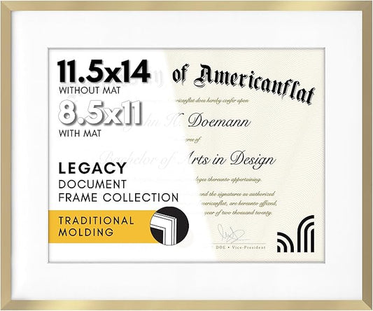 Americanflat 11.5x14 Diploma Frame with Shatter-Resistant Glass - Use as 8.5x11 Frame with Mat or Display 11.5x14 Document Without Mat - Legacy Collection - Certificate Frames for Wall - Gold