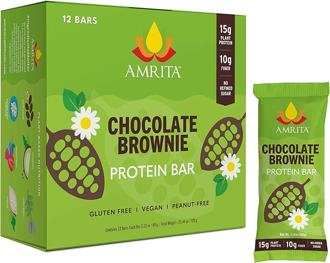 Amrita Nut Free Chocolate Brownie Vegan Protein Bars (12 Count) |15g Plant-Based Protein Bar | Peanut-Free, Gluten Free, and Dairy-Free | No Added Sugar, High Fiber, Healthy School-Safe Snacks