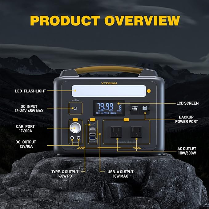 VTOMAN Jump 600X 600W Portable Power Station with 640Wh Extra Battery，939Wh Solar Generator LiFePO4 Battery, 1200W AC Outlet, PD 60W USB-C, 3x Regulated 12V/10A DC for Camping, Off-grid, Home Backup