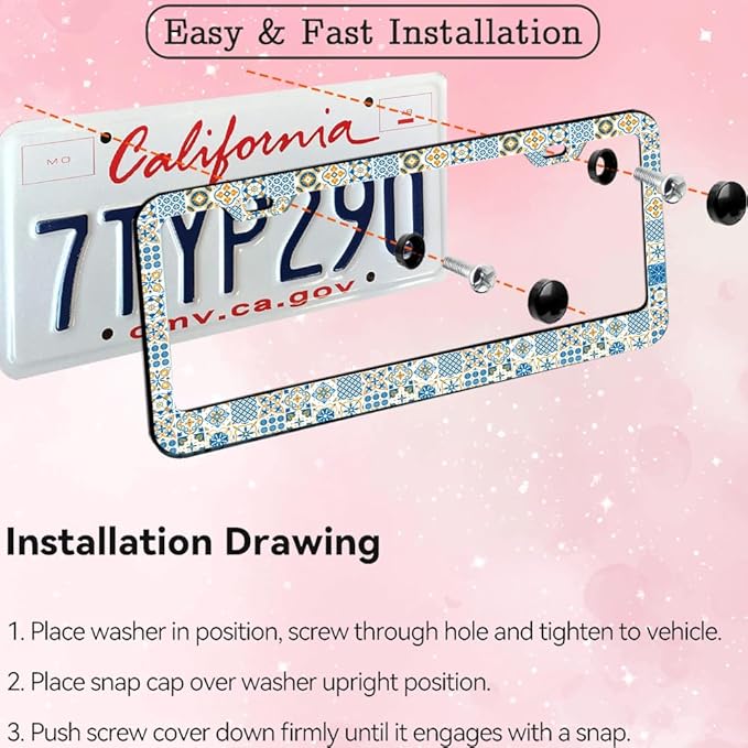 1pcs Vintage European Mediterranean Style Blue and White License Plate Frame for Women, Spanish Style car Decorative tag Frames Girly,Italian Mediterranean License Plate Cover Holder with Keychain tag