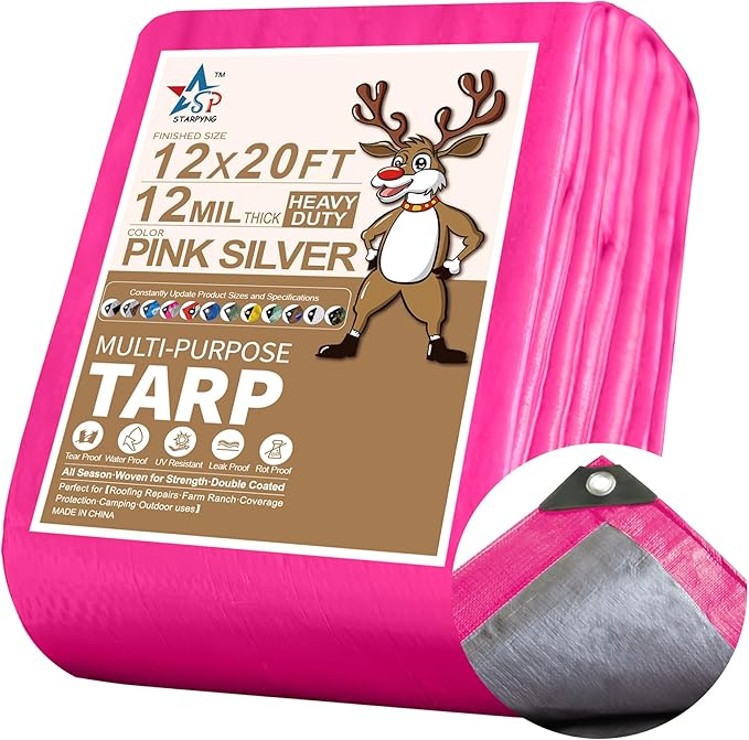 STARPYNG-12 Mil Pink/Silver 12x20 Feet Tarp-Heavy Duty Poly Tarp-Cover,Waterproof, UV Resistant, Weather Resistant, Cover Cars, Boats, Courtyards,Camping
