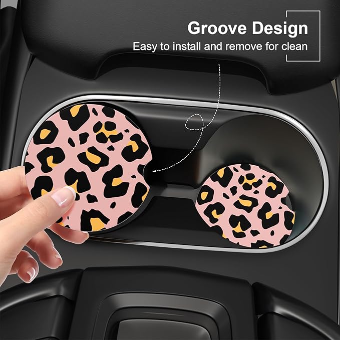 Car Cup Holder Coaster, Car Coasters for Cup Holders, 2 Pack Universal Anti Slip Insert Absorbent Ceramic Auto Interior Accessories with A Finger Notch & Cork Base, Pink Leopard Print