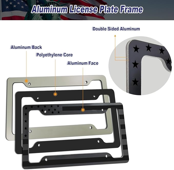 BGGTMO American Flag License Plate Frames- 2 Pack Black Grey Patriotic USA Aluminum Car Tag Holder Cover for Front Rear, with Screws Caps