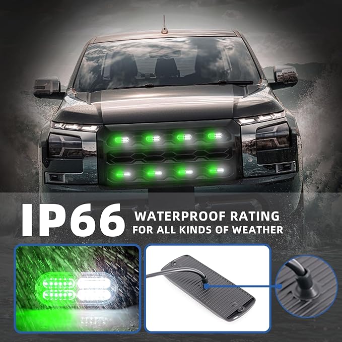 8pcs Sync Feature Emergency Strobe Grille Lights LED Ultra Slim Surface Mount Flashing Hazard Warning Light Bar with Controller for Firefighter/Construction/Trucks/Vehicles/Car (Green/White)