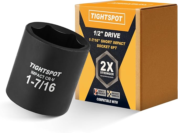 TIGHTSPOT 1/2 Inch Drive 1-7/16 Inch Shallow Impact Socket with Anti-Rounding 6 Point Design, Heat-Treated CRV Steel