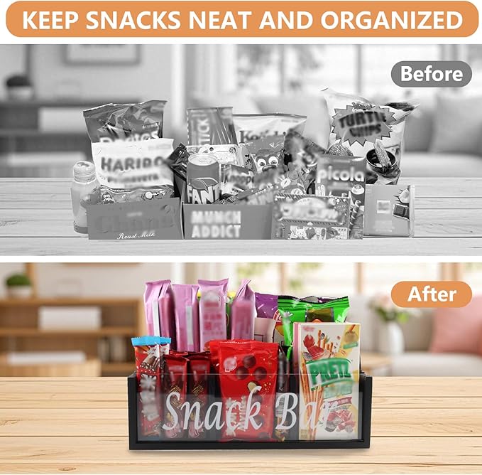 Snack Organizer for Countertop, 4 Compartments Snack Containers with Handles, Wooden Snack Stand for Kitchen Pantry Organizer and Storage