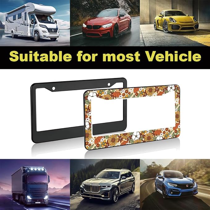 2pcs Retro Sunflower and Wild Flowers Floral License Plate Frame for Women, Inspirational Vintage Sunflower Floral car Decorative tag Frames Girly, Cottage Daisy Boho theam License Plate Cover Holder