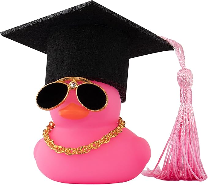 wonuu Car Dashboard Decor Graduation Hat Color Rubber Duck, Car Ducks Ornaments with Mini Graduation Hat Necklace Sunglasses (Pink)